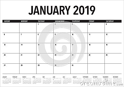 January 2019 desk calendar vector illustration, simple and clean design Vector Illustration