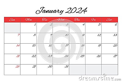 January 2024 ENGLISH month calendar. Vector printable illustration Vector Illustration