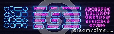 January February March April May June July August September November December neon sign on brick wall background. Vector Illustration