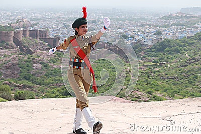 January 2019: India`s National Cadet Corps NCC Lady Cadet is marching past, preparing for Indi Editorial Stock Photo