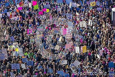 JANUARY 21, 2017, LOS ANGELES, CA. Aerial View of 750,000 participate in Women's March, activists protesting Donald J. Trump in na Editorial Stock Photo