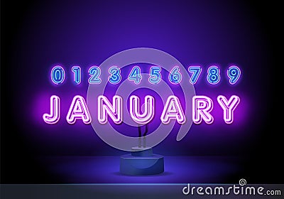 January. Neon glowing lettering on a dark wall background. Vector neon illustration. Typography for banners, badges Vector Illustration