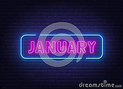 January neon neon sign on brick wall background. Vector Illustration