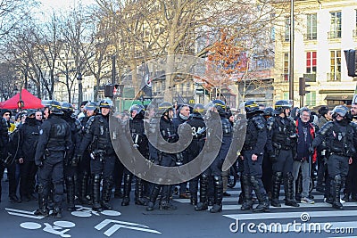 18 January 2020, Paris, France - French riot police squad at the yellow vests protests at Bastille square. Editorial Stock Photo