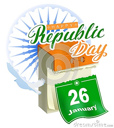 26 January Republic Day India. Calendar sheet calligraphy lettering text greeting card samsara Ashoka Chakra wheel Vector Illustration