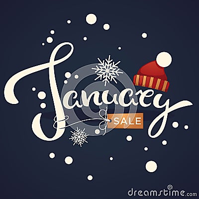 January sale, knitted hat and snowflakes lettering composition Vector Illustration