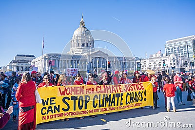 January 20, 2018 San Francisco / CA / USA - `Stop climate change` banner displayed at the rally taking place in the Civic Center P Editorial Stock Photo