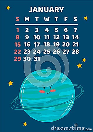 January. Space calendar planner 2023. Weekly scheduling, planets, space objects. Week starts on Sunday. Uranus Vector Illustration