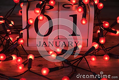 January 1st calendar with red fairy lights Stock Photo