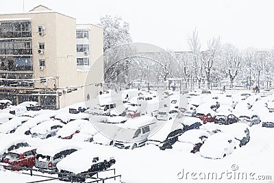 JANUARY 8th 2021.ARGANDA.MADRID:Winter scene with frozen cars in Arganda del Rey Madrid Editorial Stock Photo