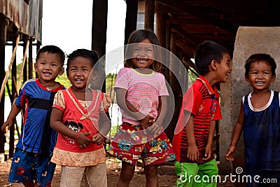 January 5th 2017, Closeup of a group of Cambodian children in the floating village of Kampong Khleang Editorial Stock Photo