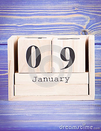 January 9th. Date of 9 January on wooden cube calendar Stock Photo