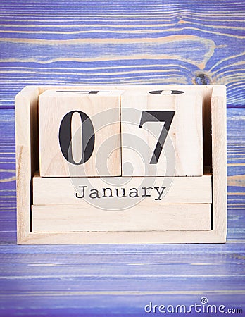 January 7th. Date of 7 January on wooden cube calendar Stock Photo