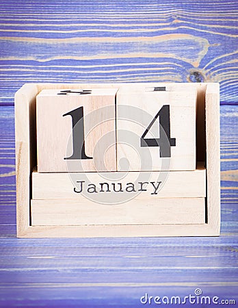 January 14th. Date of 14 January on wooden cube calendar Stock Photo