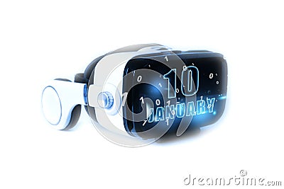 january 10th. Day 10 of month,calendar date month and day glows on virtual reality helmet or VR glasses. Virtual technologies, Stock Photo