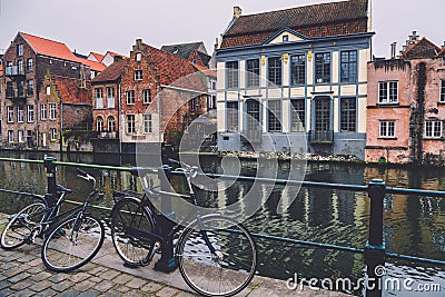 Canal and Bikes in Ghent Editorial Stock Photo