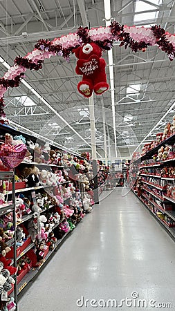 Valentines 2023 Decorations and Display of Toys, Stuffed Animals, Chocolates and gifts at Walmart Store in San Diego, CA Editorial Stock Photo