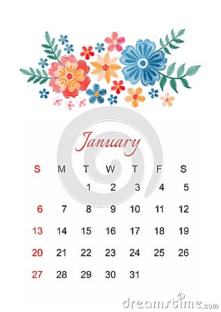 January. Vector calendar template for 2019 year with beautiful composition of embroidery flowers. Vector Illustration