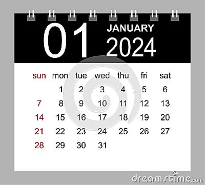 January 2024. Vector monthly calendar template 2024 year in simple style for template design Vector Illustration