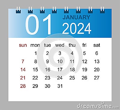 January 2024. Vector monthly calendar template 2024 year in simple style for template design Vector Illustration