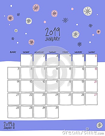 January 2019 wall calendar. Doodle style. Vector Illustration