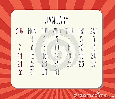 January year 2018 monthly calendar Vector Illustration