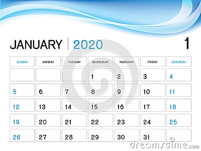 January 2020 Year Template, Calendar 2020 Vector, Desk Calendar Design, Week Start On Sunday, Planner, Stationery, Printing Vector Illustration