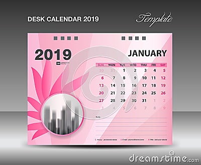 Calendar 2019, January Month, Desk Calendar Template vector design, pink flower concept Vector Illustration