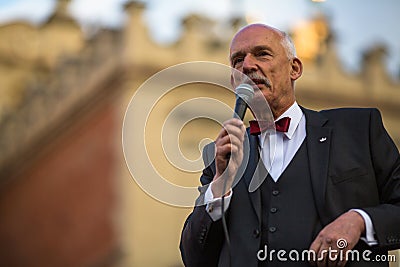 Janusz Korwin during pre-election rally of presidential candidate of Poland, on main square Krakow. Editorial Stock Photo