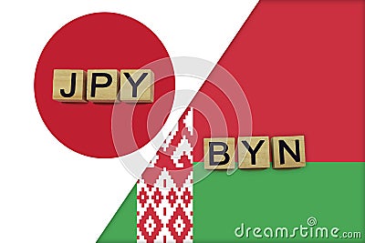 Japan and Belarus currencies codes on national flags background Stock Photo