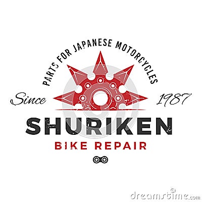 Japan bike repair service logo concept. Ninja weapon insignia design. Vintage shuriken badge. Motorcycle parts t-shirt Vector Illustration