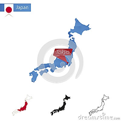 Japan blue Low Poly map with capital Tokyo Vector Illustration