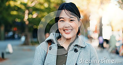 Japan businesswoman, face and happy in city for company travel and street for ambition or startup entrepreneur. Portrait Stock Photo