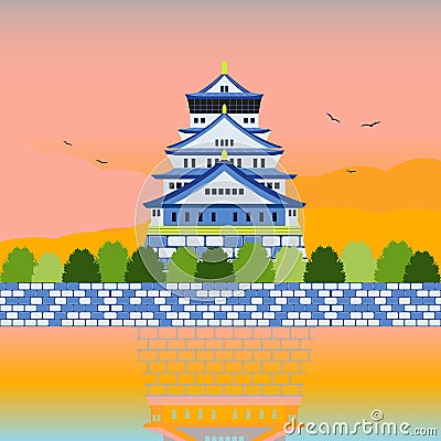 Japan Castle Landmark World Heritage Landscape Full Vector Illustration