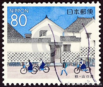 JAPAN - CIRCA 1999: A stamp printed in Japan shows school children before Kikuya family house, Hagi, circa 1999. Editorial Stock Photo