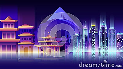 Japan city night neon style architecture buildings town country travel Vector Illustration