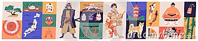 Japan concept collage. Japanese food, people, architecture, art. National heritage set. Geisha in kimono, samurai, koi carp, ramen Cartoon Illustration