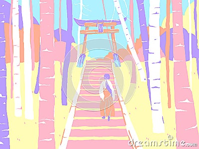Japan countryside landscape, a shrine maiden or miko walking up the stairs to enter shrine gate in forest Vector Illustration