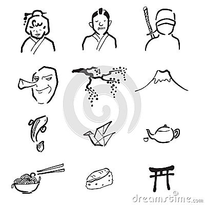 Japan culture drawing icons set Vector Illustration