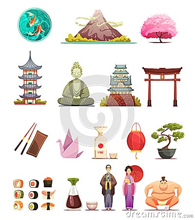 Japan Culture Retro Cartoon Icons Set Vector Illustration