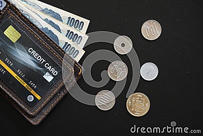 Japan currency paper banknote and coins on dark background, banking economic and finance concept, Japanese money investment , Stock Photo