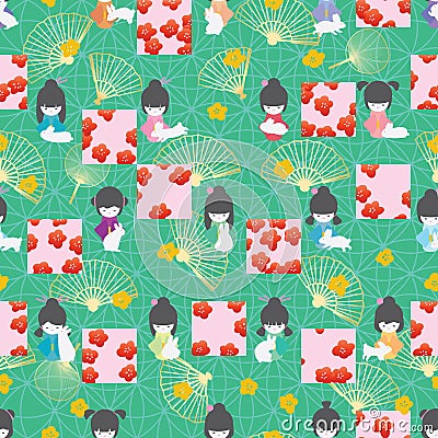 Japan doll rabbit symmetry square Sakura style seamless pattern Vector Illustration