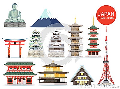 Japan famous landmark icons. Vector illustrations Vector Illustration