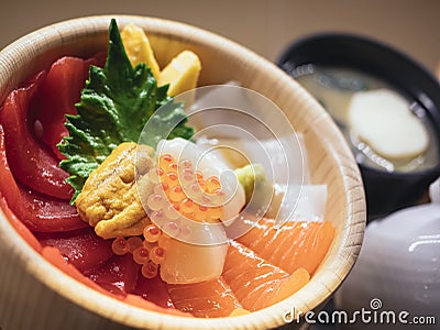 Japan Food Display Sashimi Rice Bowl Restaurant menu Stock Photo