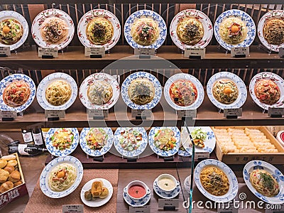 Japan Food Display spaghetti plates Italian Japanese fusion Restaurant Editorial Stock Photo