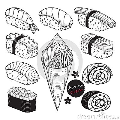 Japan food doodle elements hand drawn style. Vector Illustration