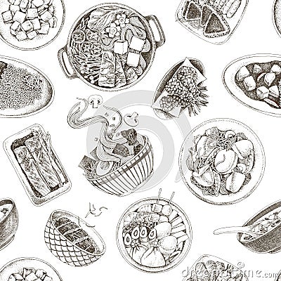 Japan food seamless pattern with dishes Vector Illustration