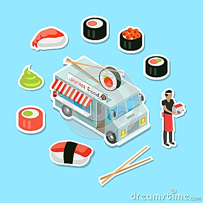 Japan Food Street Eatery in Isometric Projection Vector Illustration