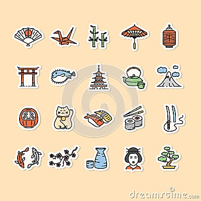 Japan Icon Color Stickers, Pins or Badges Set. Vector Vector Illustration