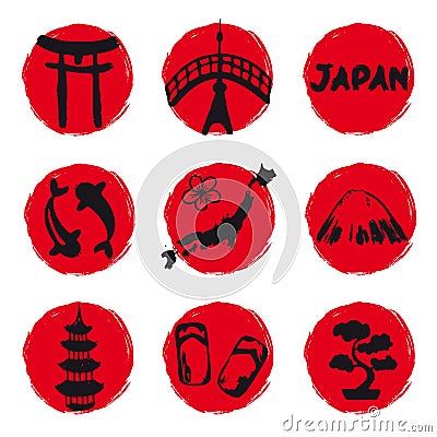 Japan icons located to circle red Vector Illustration